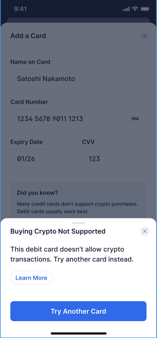 crypto.com add credit card not working
